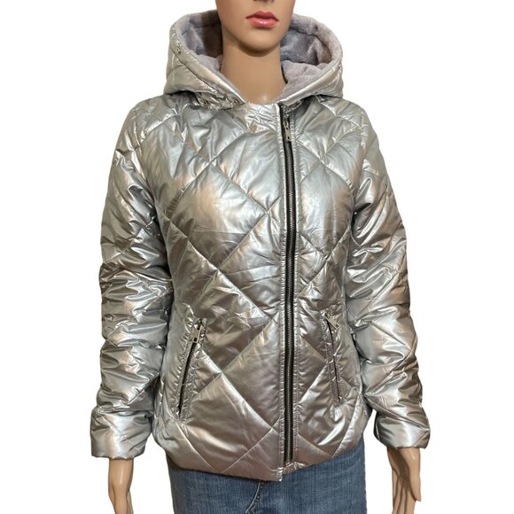 ASA Fashion Group Jackets & Blazers - Metallic Silver Quilted Hooded Puffer Jacket - Women